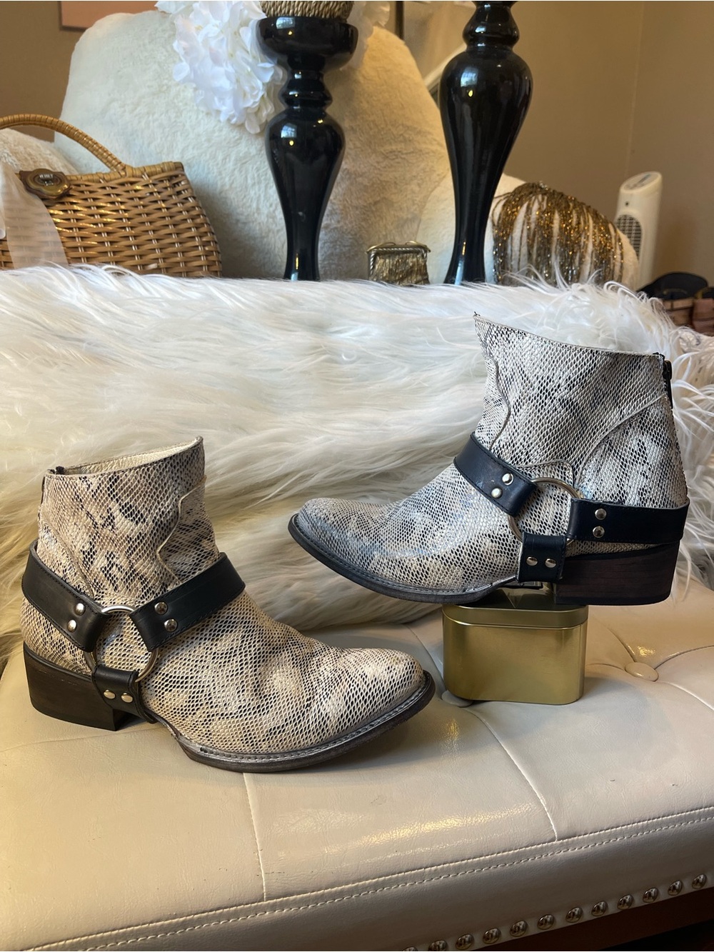 Freebird by Steven “Santiago” Black/White Snake Leather Bootie